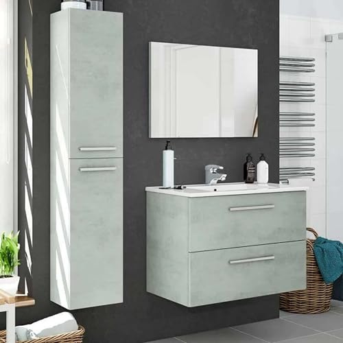 Pack de Muebles de Baño Aruba en Color Cemento o Blanco con Mueble de Baño, Columna, Espejo y Lavamanos Cerámico
