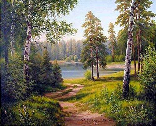 YEESAM ART DIY Ölgemälde Malen nach Zahlen Erwachsene Kinder, Holz Wald Grüner Baum See Zahlenmalerei ab 5 Öl Wandkunst (Wald, ohne Rahmen)
