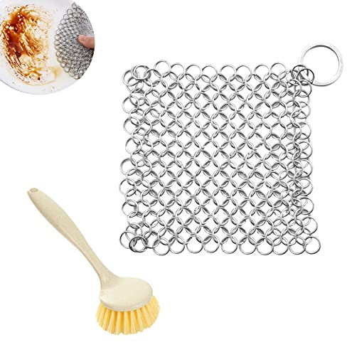 Edelstahl Ringreiniger Reinigungsset Gusseisen-Reiniger 10 cm mit , mit robustem ,Kunststoff-Reinigungsbürsten,Edelstahl-Kettenschrubber für Bratpfannen, Grillpfannen oder Woks und mehr
