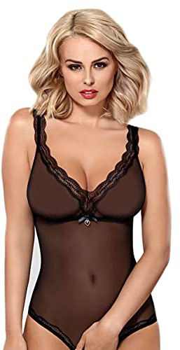 Obsessive zarter figurbetonender Ouvert-Body mit schicker Spitze und Satin-Schnürung in toller Geschenkbox (S-M, Schwarz-Mesch)