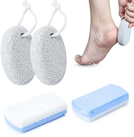 Bimsstein für Füße, inklusive 2 natürlichen Bimsstein, 2 doppelseitiger Pediküre-Glasstein, für Füße und Hände, zum Entfernen abgestorbener Haut, 4 Stück