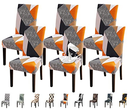 Jaotto Stuhlhussen 6er Set Wasserdicht Stuhlhussen für Esszimmerstühle Stretch Stuhlhussen Schwingstühle Waschbarer Universal Dekoration Stuhlbezug für Haus Restaurant Küche Hotel,Geometrie Orange