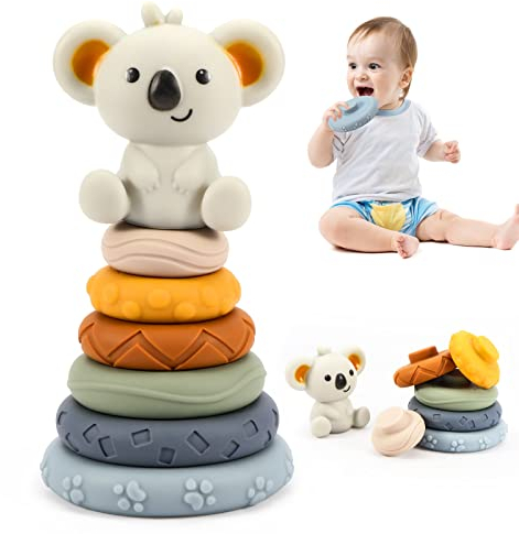 Wodovia Stapelspielzeug mit Ringen, 7 Stück Squeeze Zahnen Babyspielzeug, Squeeze-Spielzeug mit Früherziehung, Spielzeug Jungen und Mädchen ab 6 Monate