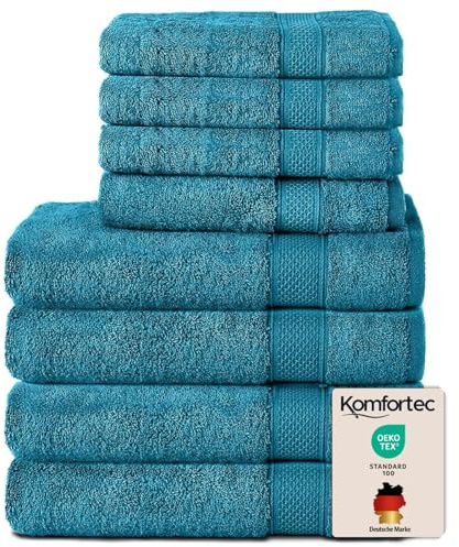 Komfortec Handtuch Set 8 Teilig aus 100% Baumwolle, Türkis | 4 Badetücher 70x140 cm, 4 Handtücher 50x100 cm, Frottee, Flauschig und Saugstark