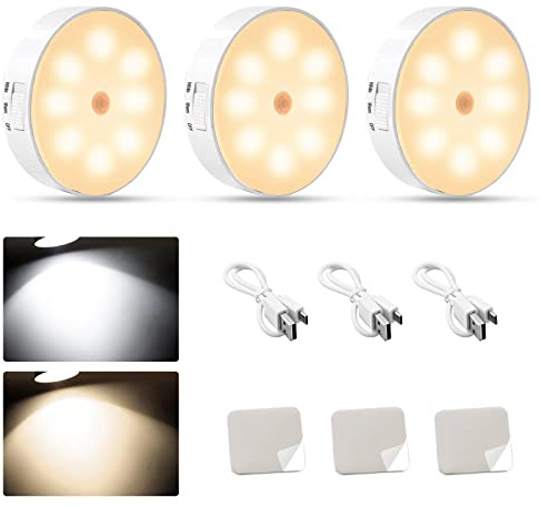 Howeifull 3 Stück LED Schrankbeleuchtung Treppenbeleuchtung Nachtlicht mit Bewegungsmelder USB Wiederaufladbares, Warmlicht/Weißlicht für Treppen, Flur, Schlafzimmer, Küche