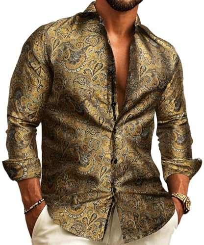 Barry.Wang Herren Paisley Bequemer Schnitt für große und große Männer Hemd Seide Business Hochzeit Freizeithemd für Männer Gold S-3XL