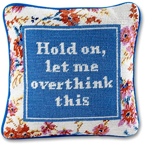 FURBISH Needlepoint Decorative Throw Pillow - Overthink - 11 x 11 - Small Embroidered Accent Pillow for Bed, Chair, Couch, Sofa - Eclectic Home Decor