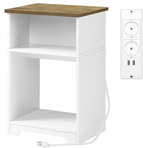 Hzuaneri Table de Chevet avec borne de Recharge, Table de Chevet 3 Niveaux avec Port USB et Prises, Table de Chevet MDF Moderne avec étagère de Rangement dans Le Salon, Blanc et Naturel ET02303X1