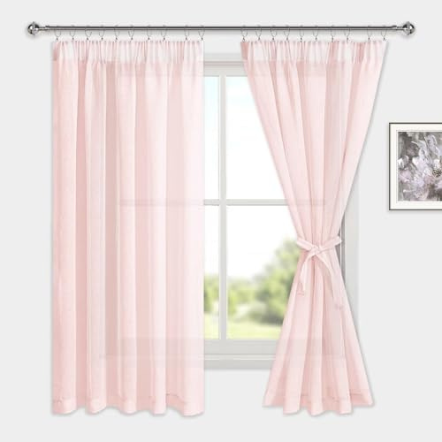 DWCN - Cortinas de gasa con cinta fruncidora estilo lino, 2 piezas, cortinas semitransparentes para salón, cortinas transparentes, rosa suave, 175x140cm (altura x ancho)