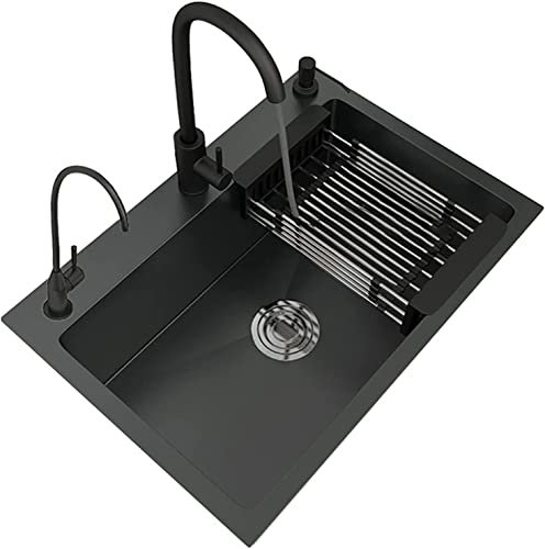 Waschbecken für Zuhause, Küchenspülen, schwarzes Unterbau-Küchenspülbecken, Edelstahl-Einzelbecken-Unterbau-Arbeitsplatz-Barspüle, Barspüle mit Abflusssieb-Set und Wasserhahn