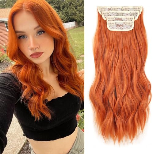 Samtress Extension per capelli con clip, 40,6 cm, colore rosso arancione, 4 pezzi, extension per capelli lunghi ondulati, in fibra sintetica, per donne (#350)