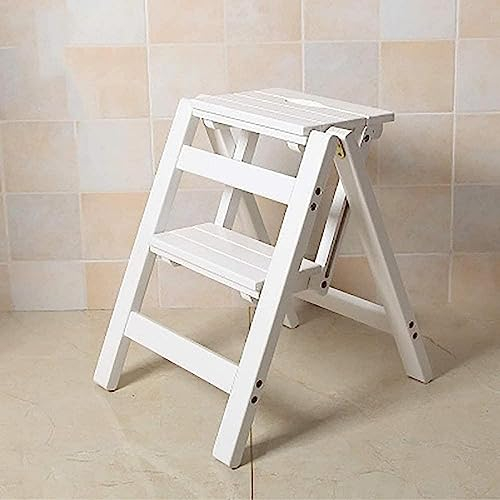 SZITW Tritthocker Holzleiterhocker 2-stufiger klappbarer Tritthocker aus Holz, tragbarer Tritthocker Leitersitz Vielseitiger Heim-Multifunktionshocker (Farbe: Weiß) (Weiß)