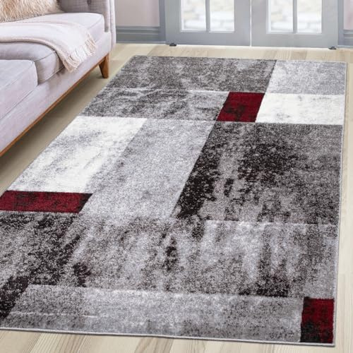 oKu-Tex Teppich Wohnzimmerteppich [160x230 cm] weicher Kurzflor grau rot meliert - Grauer Teppich für das Wohnzimmer - Carpet Living Room - geometrisches Patchwork Design - Deutsche Marke