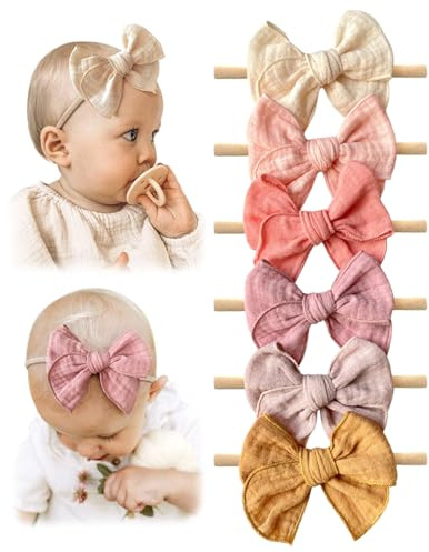 Cherssy Baby Girl Muslin Headbands, 3.5 Cotton Hair Bows Nylon Hairbands for Newborns, Infants, Toddlers - 6pcs