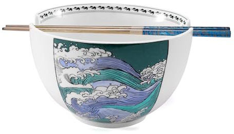 Hagary Wave Ramen Bowl Ceramic Bowl With Chopsticks Japanese Style Udon Miso Noodle Soup Bowls Designed in Korea Housewarming Wedding Gifts 30oz