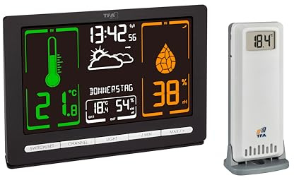 TFA Dostmann Digitale Funk Wetterstation METEOchrome, 35.1132, gut ablesbaren VA-Display, Wettervorhersage, mit Außensensor, Temperatur- & Luftfeuchtigkeitsmesser, inkl Funkuhr, Datumsanzeige, schwarz