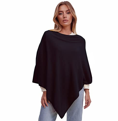 GLAMEXX24 poncho da donna in maglia, tinta unita, cappotto in maglieria fine, pullover, sciarpa a tracolla, eleganza, stile e comfort per primavera e autunno, Made in Italy, Nero, S-M