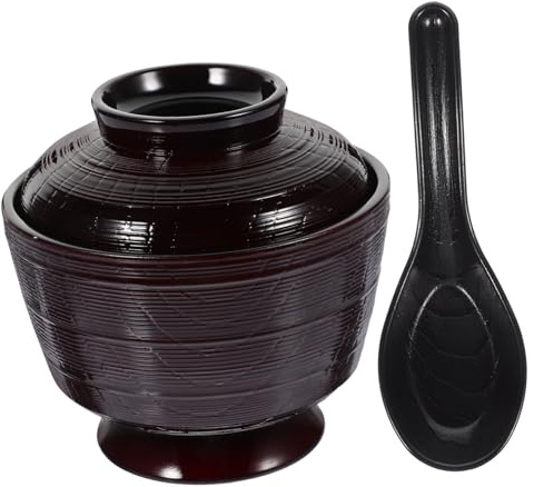 Genérico Juego de 2 Cuencos Japoneses para Sopa de Arroz con Tapa Y Cuchara para Sushi Izakaya Tiendas de Comida con Aislamiento de Plástico Fáciles de Limpiar
