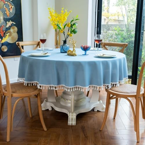 Beydodo Tischtuch Rund 240CM Outdoor, Tischdecke Einfarbig Französisch mit Quasten Blau Tischdecken Abwaschbar für Draußen Garten Party