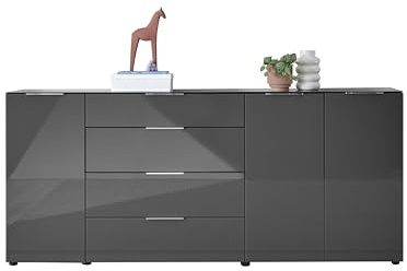 SANTORIN Sideboard Kommode Anthrazit mit Glasfront 226 x 99 x 40 cm (B/H/T) | Schrank mit 3 Türen, 4 verstellbaren Einlegeböden, 4 Schubkästen und Lip-Griffen aus Metall für den Wohnbereich. Wohnzimmer