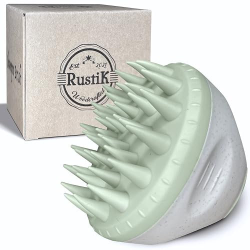 Shampoo Hair Brush by RustiK, Scalp Massager for Hair Growth, Green, Eco Freindly Wheat Straw Plastic with Soft Silicone Bristles, Exfoliator for Dandruff Removal, Wet Scalp Brush.