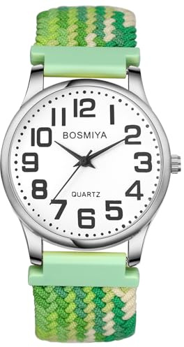 JewelryWe Geflochten Elastische Uhr für Damen Herren Kinder, Einfache Analog Quarz Armbanduhr Gewebt Stretcharmband Lässige Uhr mit großen Zahlen Zifferblatt & Gold Gehäuse für Senioren