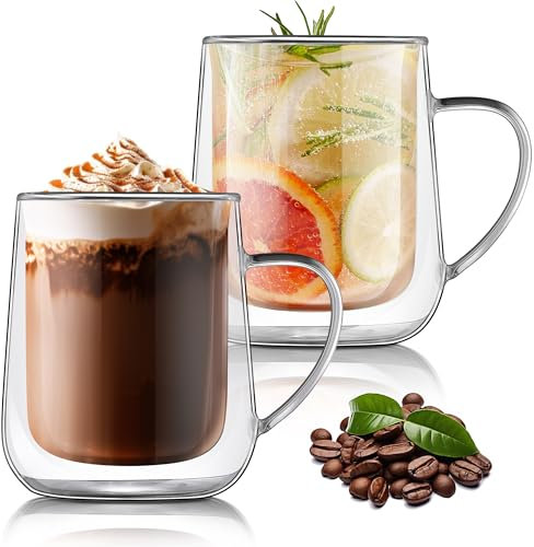 Joeyan 400ml Clear Double Walled Glass Coffee Latte Cappuccino Macchiato Tea Mugs, Insulated Thermal Glasses for Hot and Cold Drinks, 2 Layer Drinking Cups for Mulled Wine Beer Chocolate, Set of 2