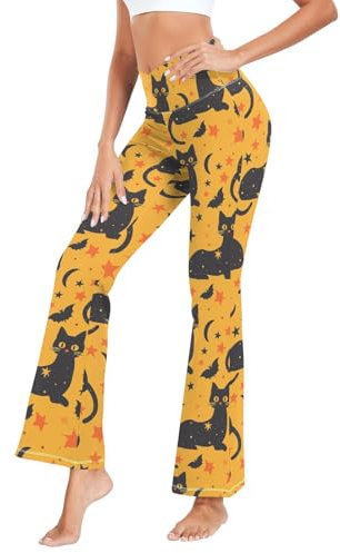 Fustylead Halloween-Yogahose, Motiv: süße schwarze Katze und Fledermäuse, Sterne, Mond, Damen, Kreuz, hohe Taille, Stretch, Glockenunterteil, ausgestellte Yogahose, S-XXL, gelb, S