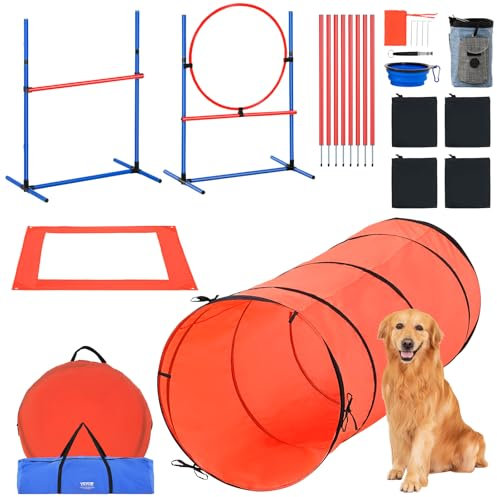 VEVOR Agility Set Hunde, 5-teiliges Kombinationsset mit verstellbaren Hürden, 6 Slalomstangen, Tunnel, Sprungring, Pausenbox, Pfeife, Faltbarer Schüssel, Tasche, Agility Ausrüstung für Hundetraining