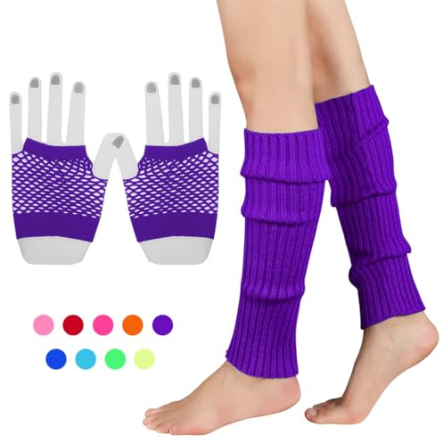 INGJIA Set de Calentadores de Piernas Elásticos de Neón y Guantes de Rejilla Accesorios Disfraces los Años 80(Púrpura)