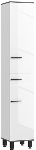 HOMCOM Colonna Bagno Moderna con Cassetto, 2 Armadietti, Mobile Bagno Salvaspazio Alto con 2 Ante e Ripiani Regolabili, Mobiletto Bagno in Legno, 34x32x190 cm, Bianco Lucido