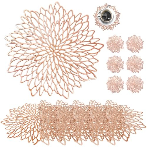 wiipara 6er Set Platzsets Tischsets Abwaschbar, Moderne Platzdeckchen Rund, Weihnachten Dekorative Tischunterlage Esstisch Platzteller Platzset Rund für Zuhause Hochzeit (Rosa-Gold, mit Untersetzer)