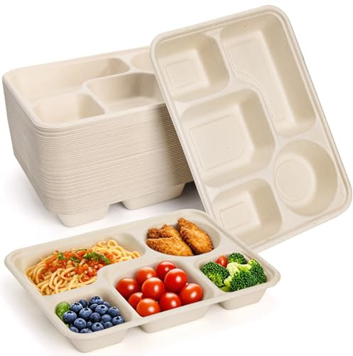 Hacaroa 50 Pack 5 Compartment Paper Plates Disposable, 11 x 8 Compostable Bagasse Plate School Lunch Trays, Biodegradable Divided Sugarcane Plates for Party, Picnic, Heavy Duty
