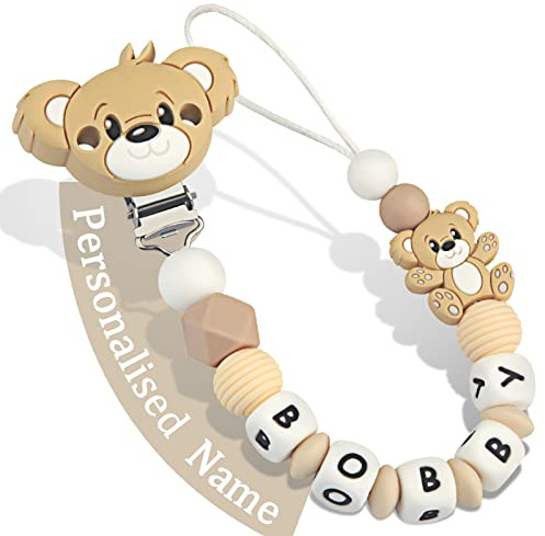 Yolnkos Cadenas Chupetes Personalizado para Bebé con Nombre Teddy Oso Chupetero Niño Chicas(Marrón)