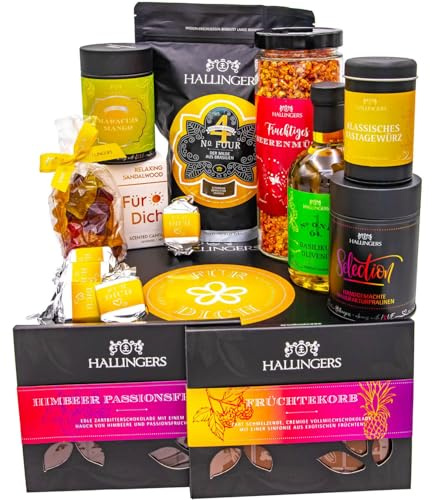 Hallingers Genuss Manufaktur Feinkost Liebes-Geschenk-Set - XXL-Geschenkkorb Für Dich große Selektion Müsli, Öl, Kaffee, Duftkerze, Nougat, Schoki, Eistee & mehr, Geschenkidee für Frauen Männer