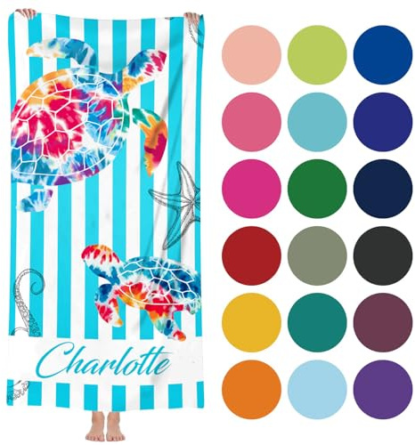 Solutra Personalisiert Strandtuch Badetuch mit Namen, Mikrofaser Handtuch Personalisiert Geschenke, Schnell Trocknendes Leichtes Strandhandtuch für Erwachsene Kinder(Schildkröte C)