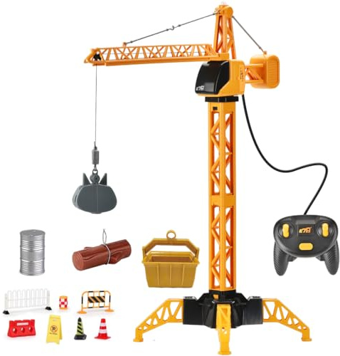 Grúa de construcción RC de 28 pulgadas para niños, juguete de grúa de control remoto de 4 canales con luz LED, agarrador, tronco, cesta de elevación, giratorio de 360°, juguetes educativos STEM para