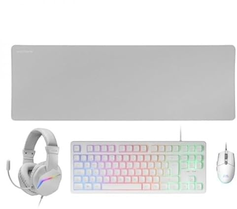 Combo Gaming 4 en 1 - Teclado TKL H-Mech, ratón 3200 dpi RGB, Auriculares con cancelación de Ruido, Alfombrilla XXL Antideslizante, Color Blanco.