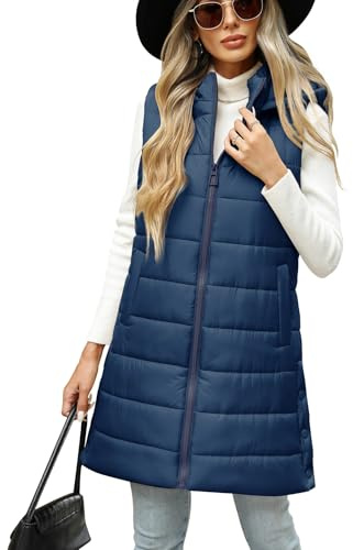 CMTOP Gilet Donna Lungo con Cappuccio Leggero Trapuntato Smanicato Cappotto Elegante Zip Giacca Autunno Invernale Cotone Caldo Giubbotto Casual Imbottito Parka da Esterno con Tasca(Blu Navy, L)