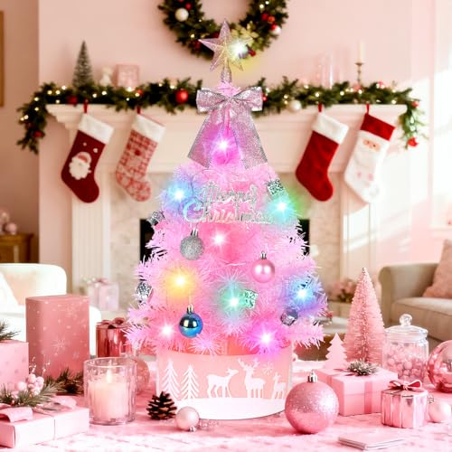 60cm Pinker Künstlicher Weihnachtsbaum mit Bunten LED-Lichtern - DIY-Deko-Set inkl. Sternspitze, Schleife, Baumrock, Trommeln & Geschenkboxen - Rosa Tischbaum für Mädchenzimmer & Homeoffice
