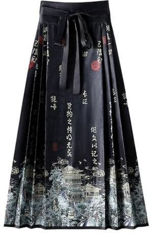 FQLGJMY Donna Cavallo Faccia Gonna Piegato Cravatta A-Linea Lunga Stampa Gonna Tradizionale Cinese Costume Hanfu