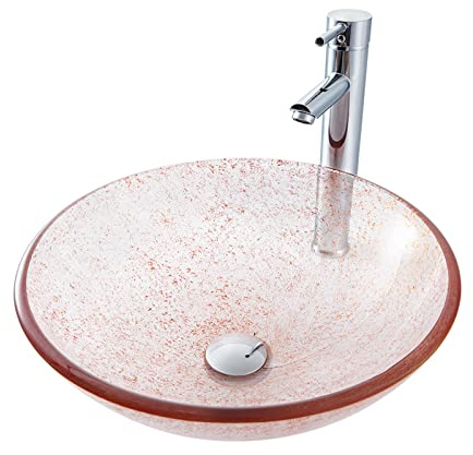 Lavandino da appoggio per Bagno, lavabo da appoggio in Vetro temperato, lavabo Rotondo da appoggio, lavabo da appoggio per Bagno, lavabo Artistico con Rubinetto in Ottone, piletta di Scarico