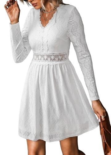 CUPSHE Abito da donna in maglia autunnale in pizzo con scollo a V a maniche lunghe scava fuori casual fluida festa elegante mini abito per ospiti di nozze, bianco, XL