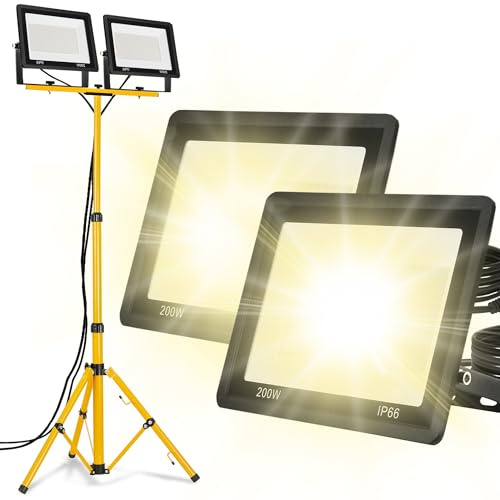 Suusolny 200W Warmweiß LED Baustrahler mit Höhenverstellbares Stativ LED Arbeitsleuchte inkl. Netzkabel IP66 Wasserdicht Flutlicht Floodlight Austellenlampe Arbeitsscheinwerfer für Baustelle Garage