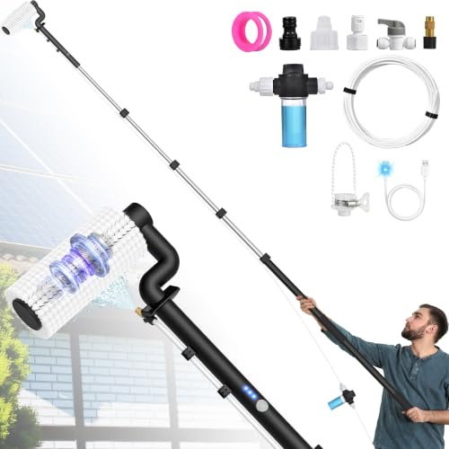 LyriFine Kit de nettoyage pour panneaux solaires électriques, poteau extensible pour le nettoyage des fenêtres de 6 mètres avec tige télescopique à 5 étages, brosse de nettoyage de fenêtre à 2