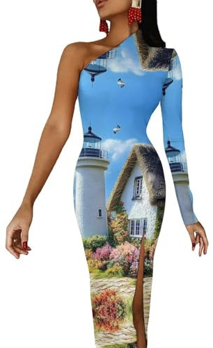 Lighthouse - Vestidos de moda con hombros descubiertos para mujer, vestido largo de media manga con abertura, vestido de cóctel, Estilo:, S
