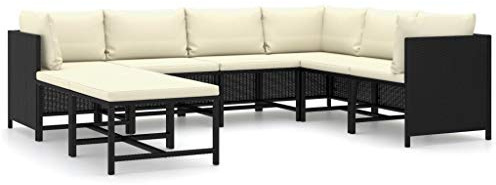 GeenYuu Juego de muebles de jardín de ratán sintético negro con cojines, resistente a la intemperie, muebles para balcón y terraza, incluye taburete, tapicería, conjunto versátil para exteriores y