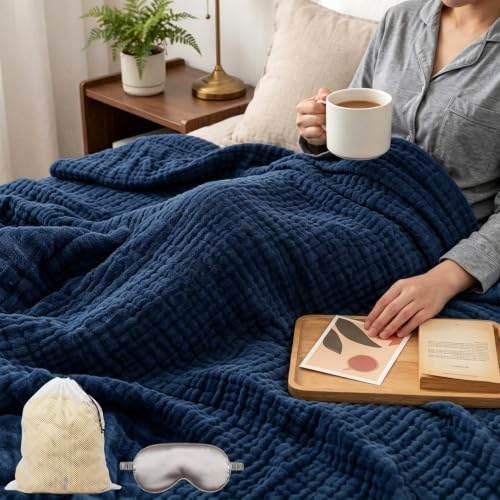 Liocwocne Alpenfaser Musselin Decke, Musselin Decke Sommer 150x200 cm aus 100% Baumwolle - Sanfte Leichte Musselindecke Erwachsene, Atmungsaktive Kuscheldecke & Tagesdecke (Dunkelblau,150×200 cm)