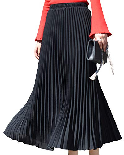 Camilife Jupe Plissée Longue en Mousseline de Soie élastique pour Femme Fille Jupe Maxi Taille élastique pour Printemps, été - Taille XS-M Uni Couleur Noir