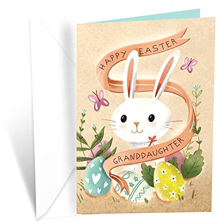 Prime Greetings Granddaughter Easter Card, Made in America, Eco-Friendly, Thick Card Stock with Premium Envelope 5in x 7.75in, Packaged in Protective Mailer (Bunny)